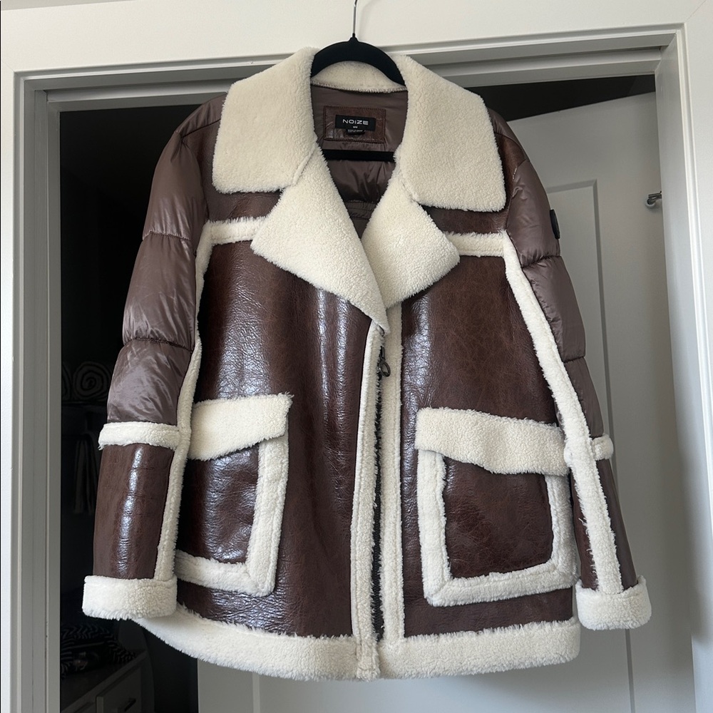 Raelynn Faux Shearling Trim & Vegan Leather Jacket (NOIZE)